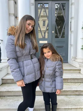 Modern Day Look Sporty Touch Childrens Grey Luxury Fur Padded Belted Coat