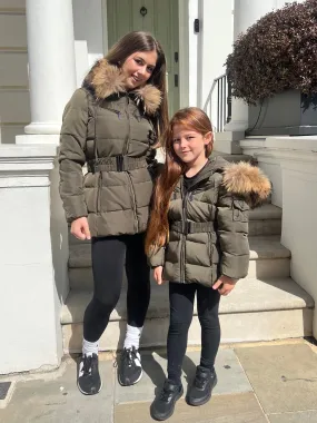 Childrens Khaki Luxury Fur Padded Belted Coat Non Irritating Collar Hollow Fiber Fill