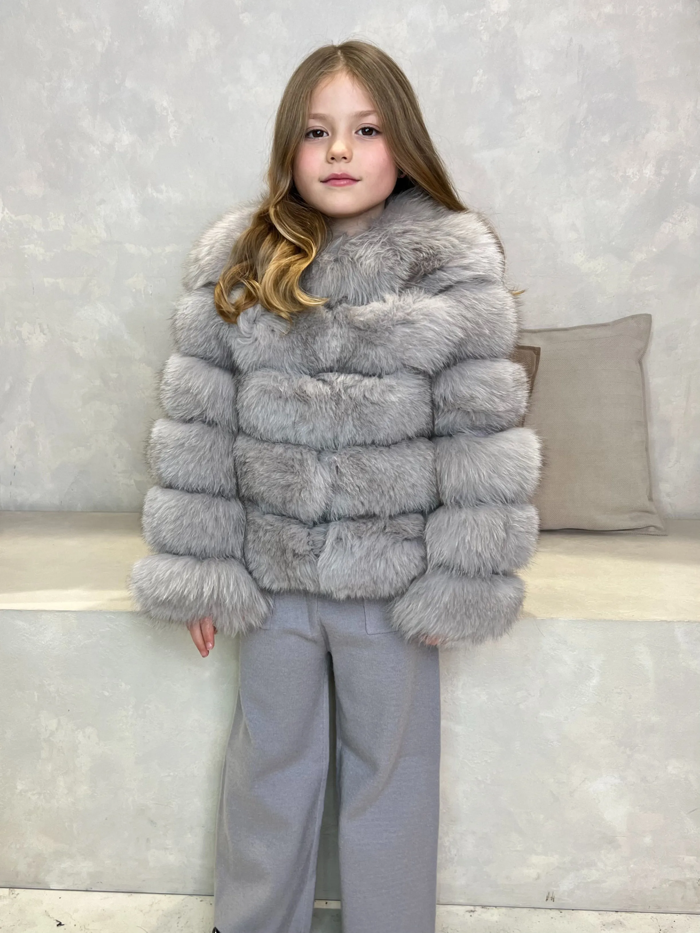 Childrens Light Grey Luxury Fur Coat Heat Reflective Layer Noise Reducing Fabric