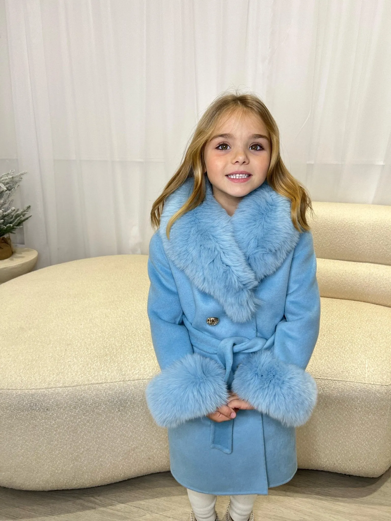 Functional Pocket Childrens Pastel Blue Luxury Fur Cashmere Coat