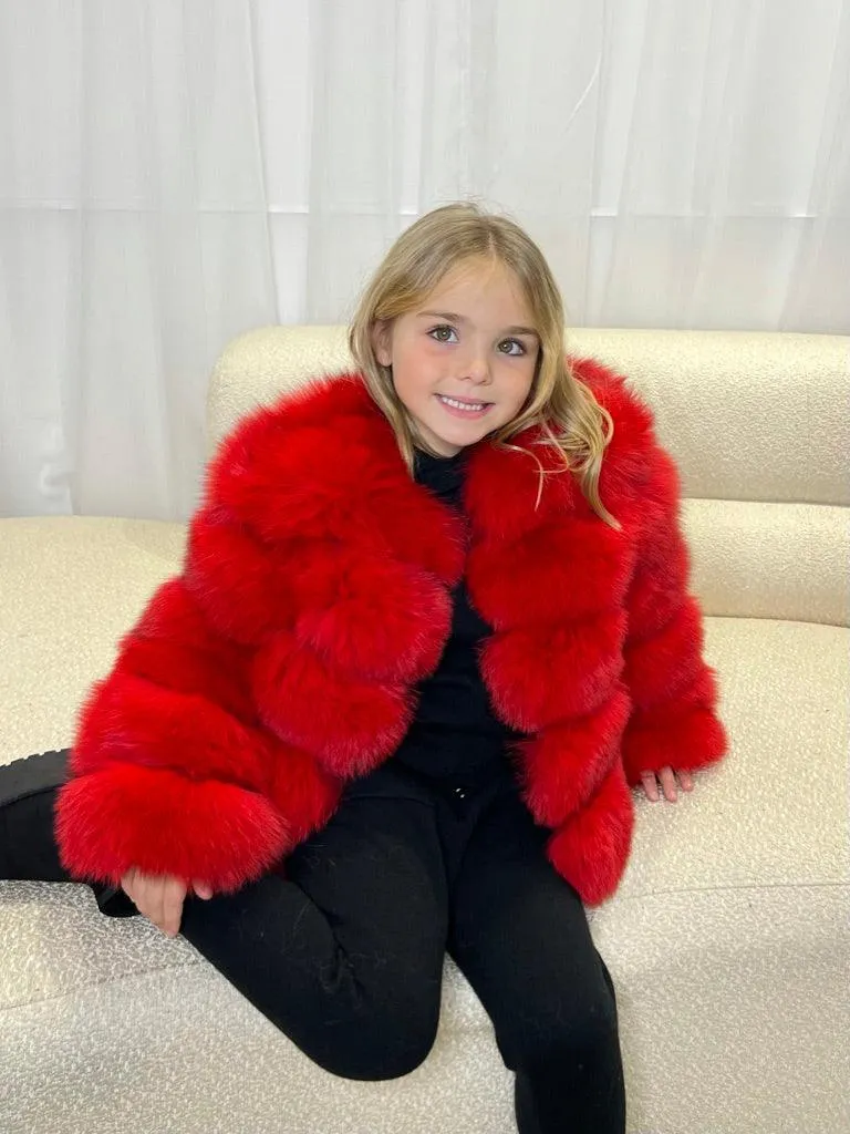 Childrens Red Luxury Fur Coat SnapFastenings