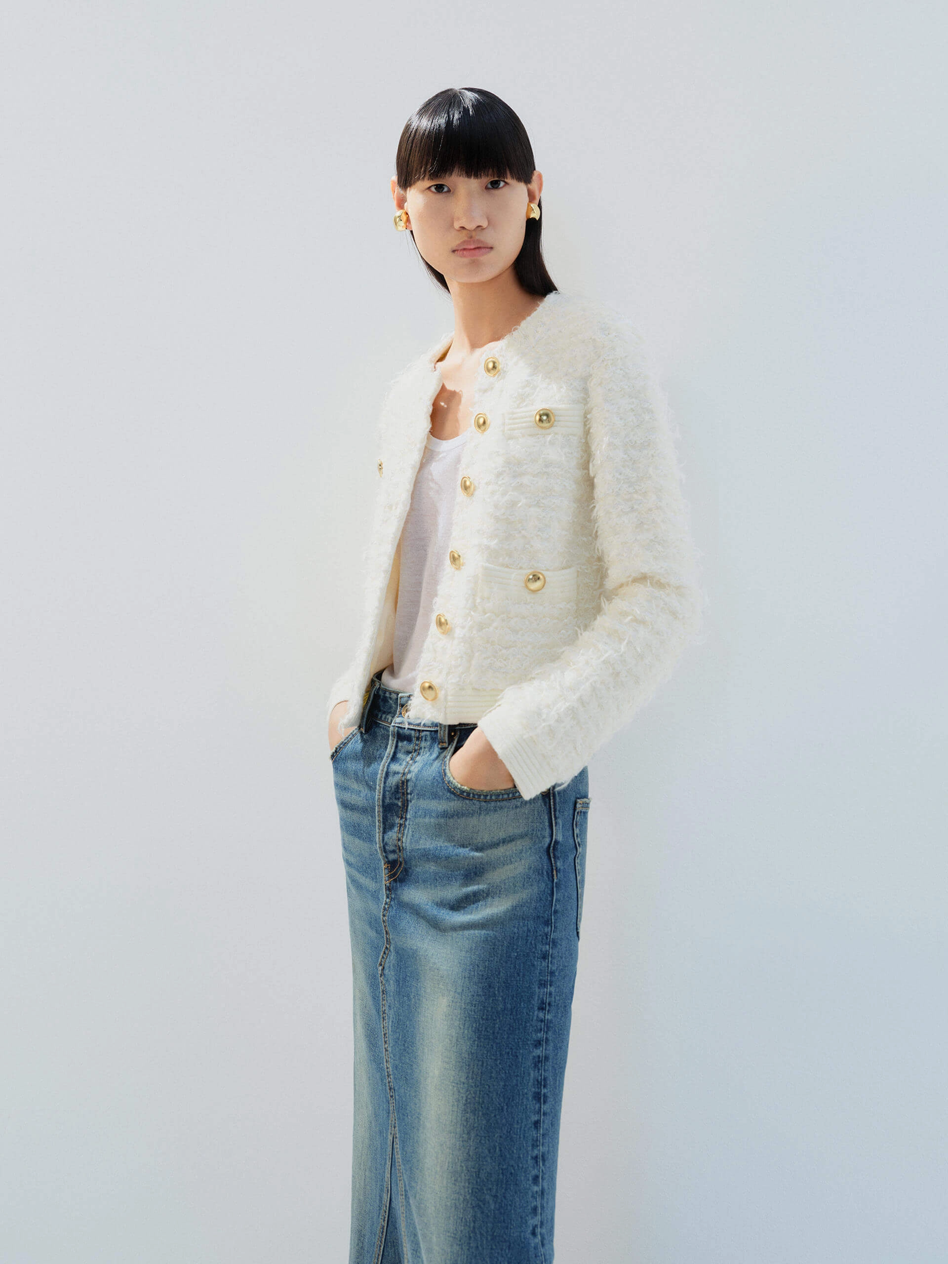 Office Casual Look Soft Microfiber Surface Metal Button Cropped Cardigan