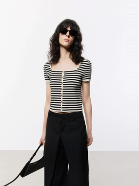 Anti Snag Fabric Square Collar Striped Top