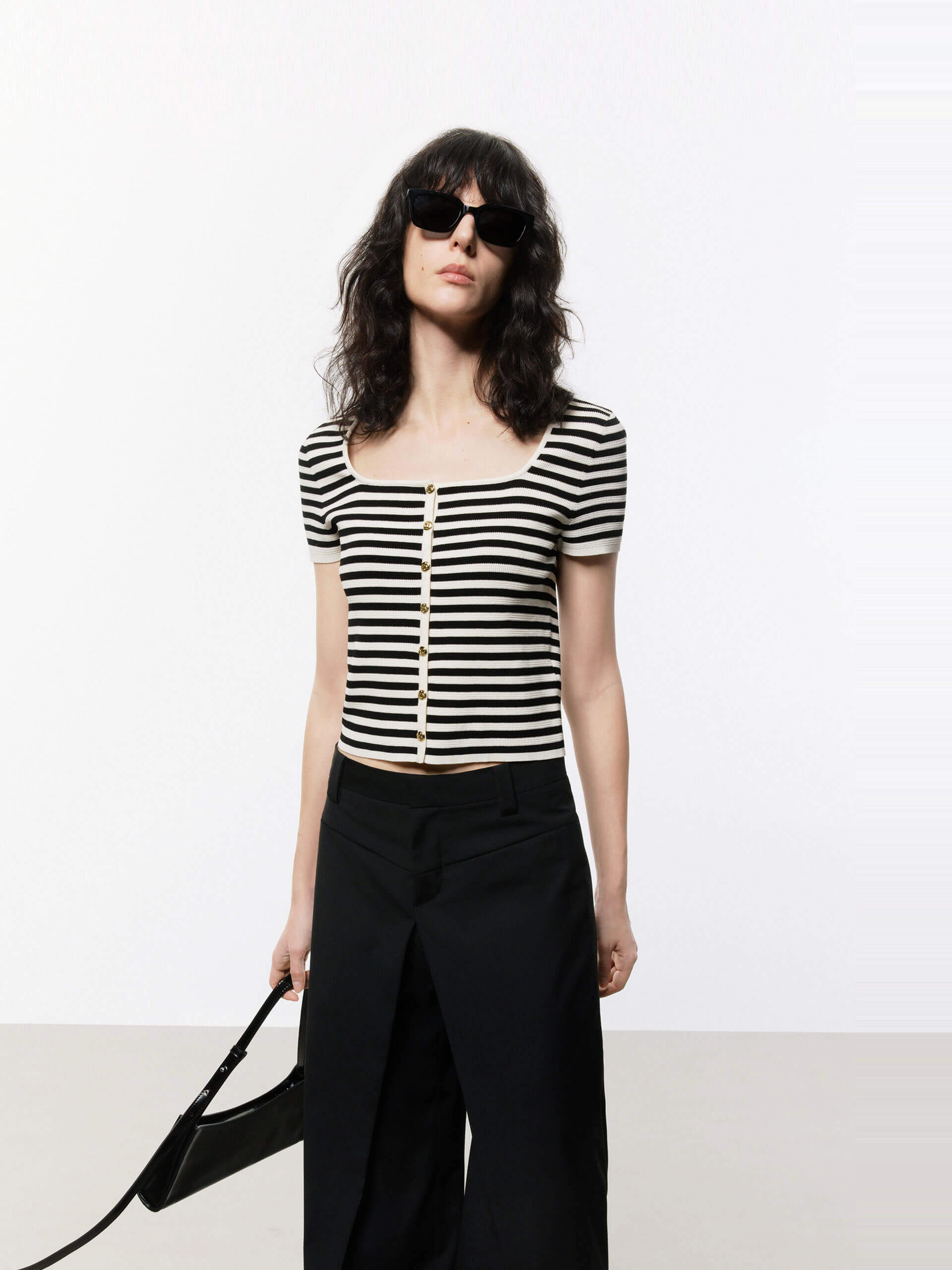 Square Collar Striped Top Soft Touch Brushed Surface