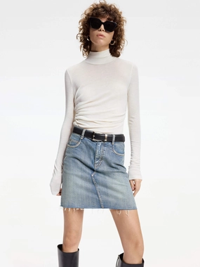 Turtleneck Pleated Detail Top Cozy Fleece Flatlock Seam Construction
