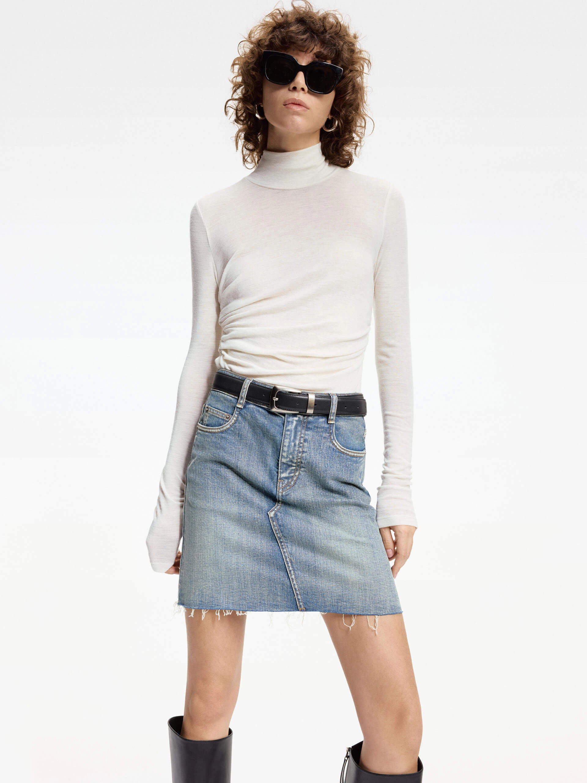 Turtleneck Pleated Detail Top Cozy Fleece Flatlock Seam Construction