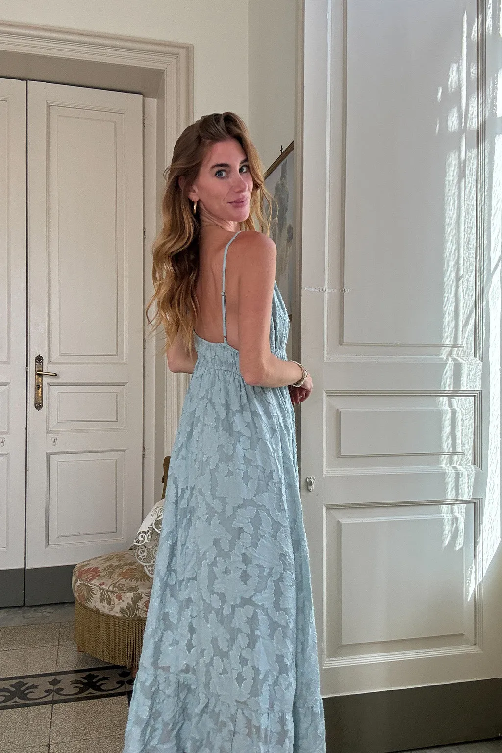 Clemente Blue Textured Maxi Dress Elegant Flow Smart Fabric