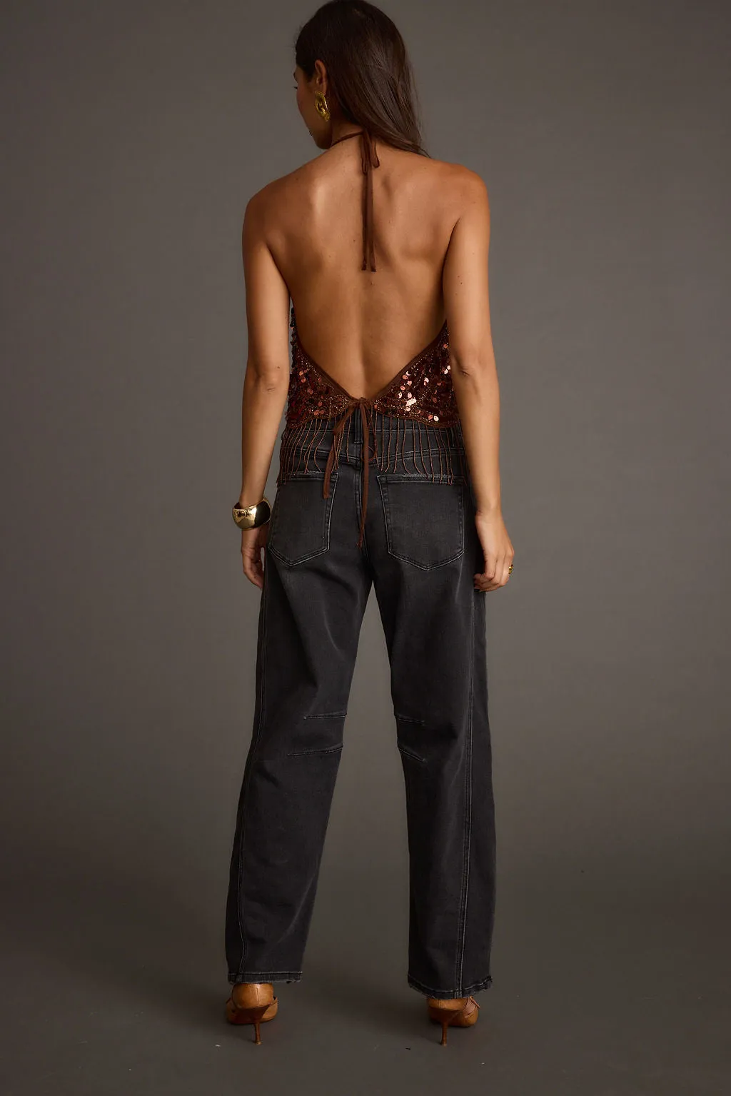 Cleo Espresso Beaded Halter Top Winter Wardrobe Bonded Seam Technology