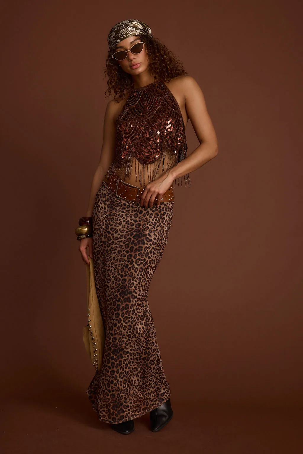 BondedSeams Cleo Espresso Beaded Halter Top