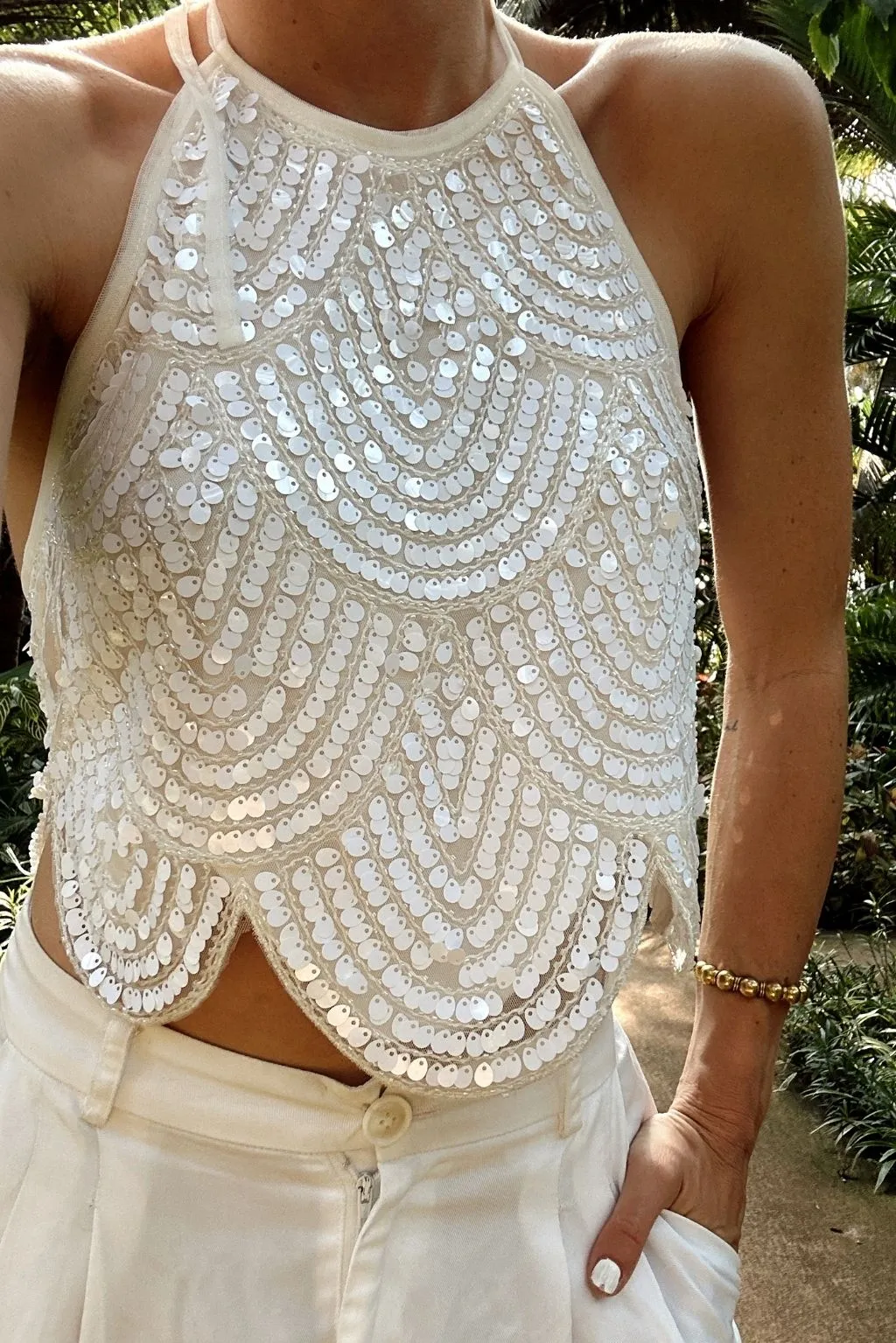 Basic Sweatshirt Cleo White Sequin Halter Tie Top