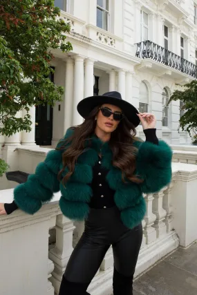 Ultra Lightweight Design Emerald Green Luxury Fur 5 Row Cropped Sleeve Jacket