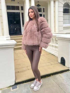 Taupe Vertical Design Faux Fur Coat Functional Fit