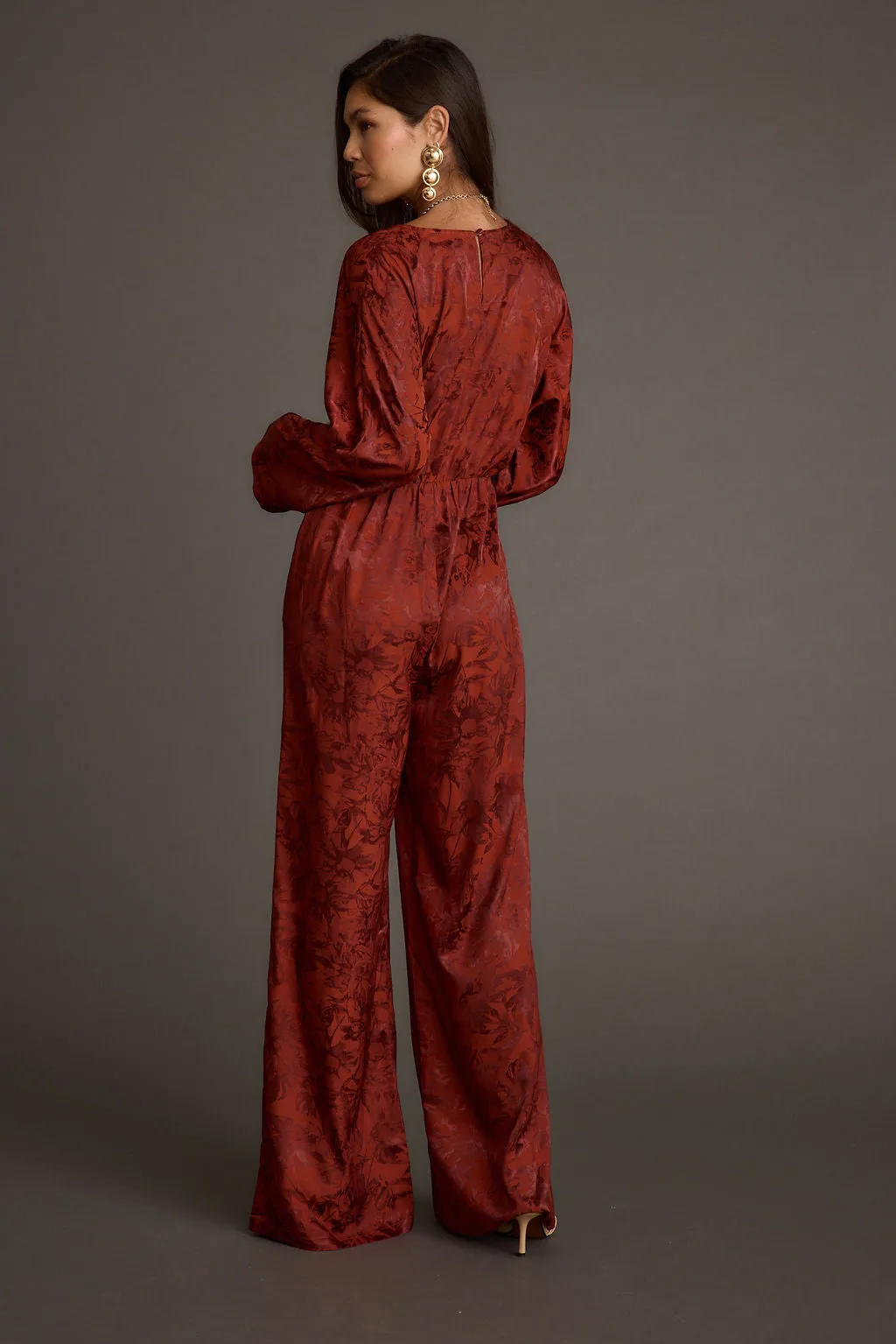 Noelle Cinnamon Satin Jacquard Jumpsuit Refined Mood