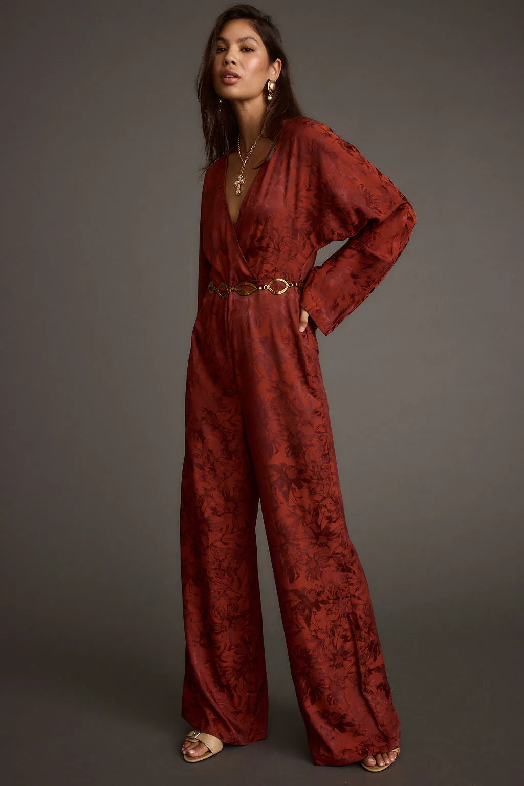 Transitional Style Noelle Cinnamon Satin Jacquard Jumpsuit