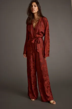 Balanced Shape Silky Movement Noelle Cinnamon Satin Jacquard Jumpsuit