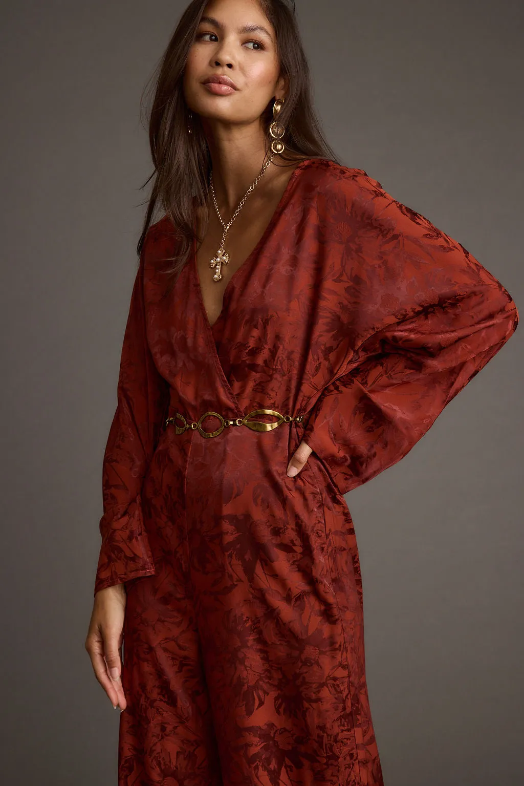 Noelle Cinnamon Satin Jacquard Jumpsuit All-Season Comfort