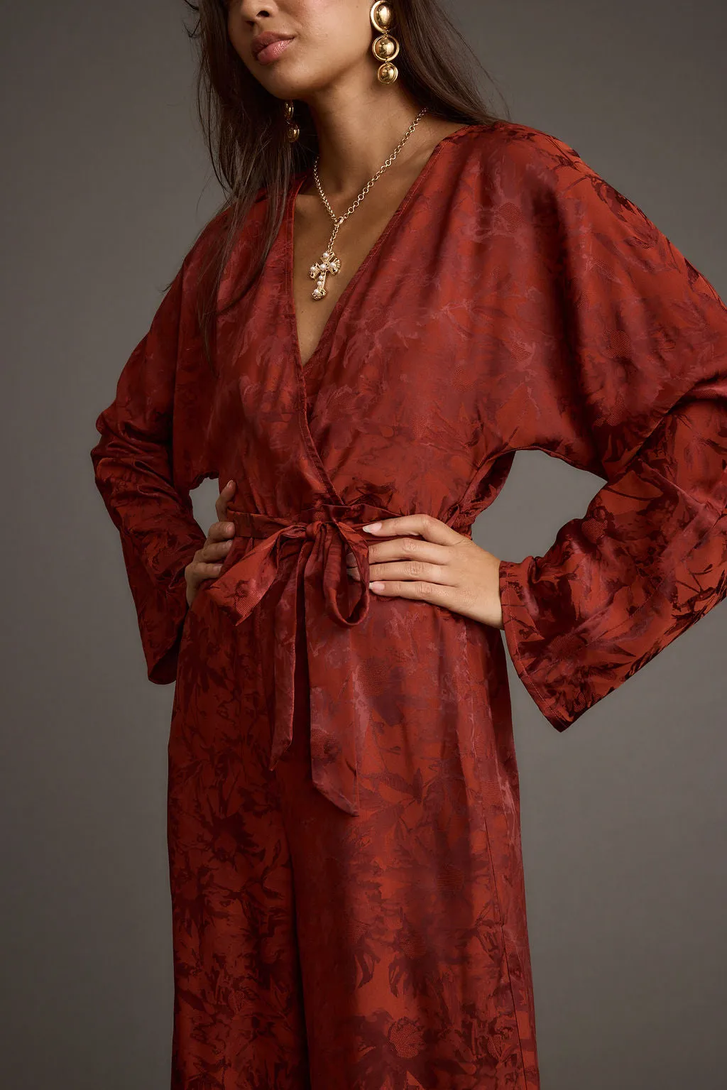 Matte Fabric Noelle Cinnamon Satin Jacquard Jumpsuit