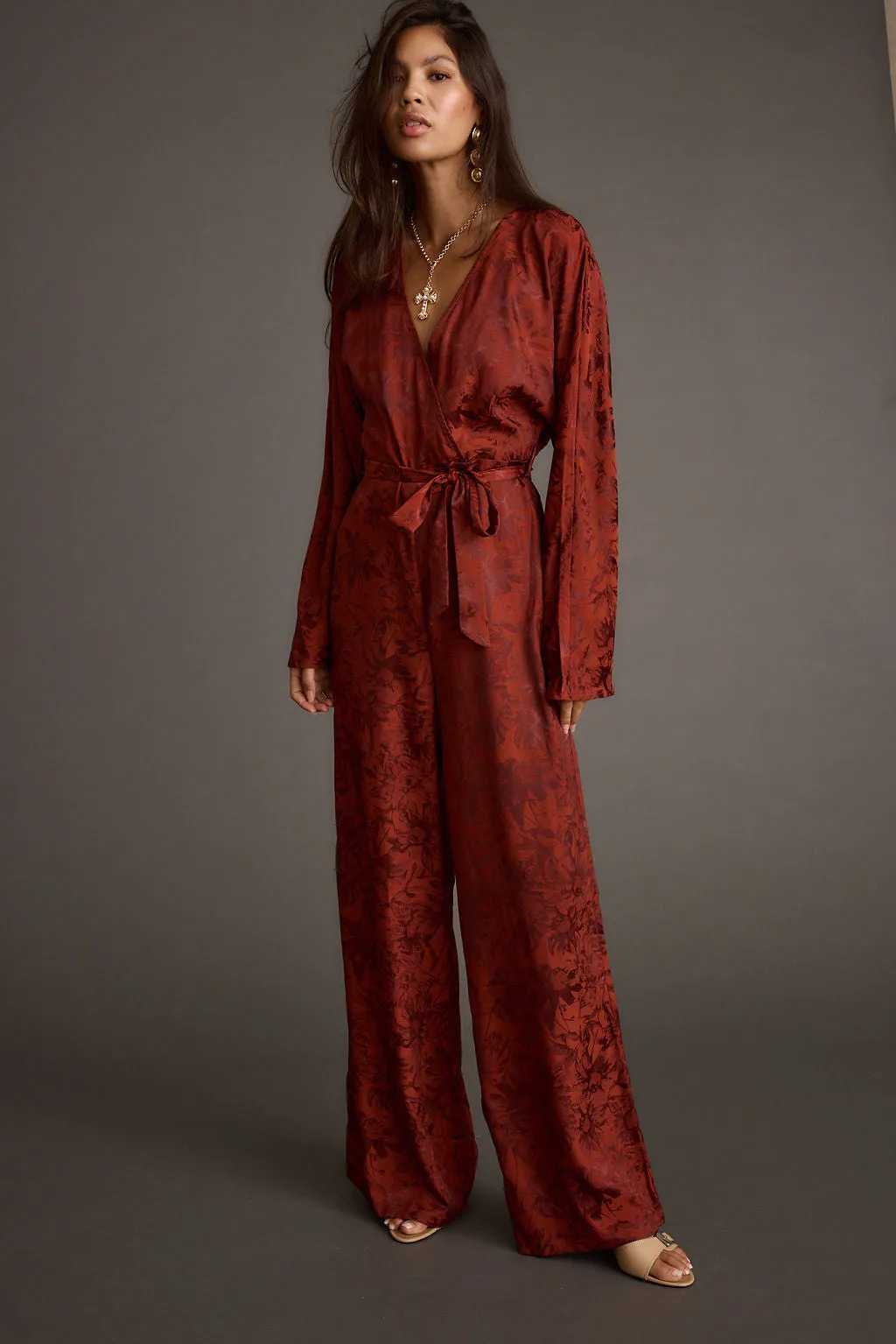 Balanced Shape Silky Movement Noelle Cinnamon Satin Jacquard Jumpsuit