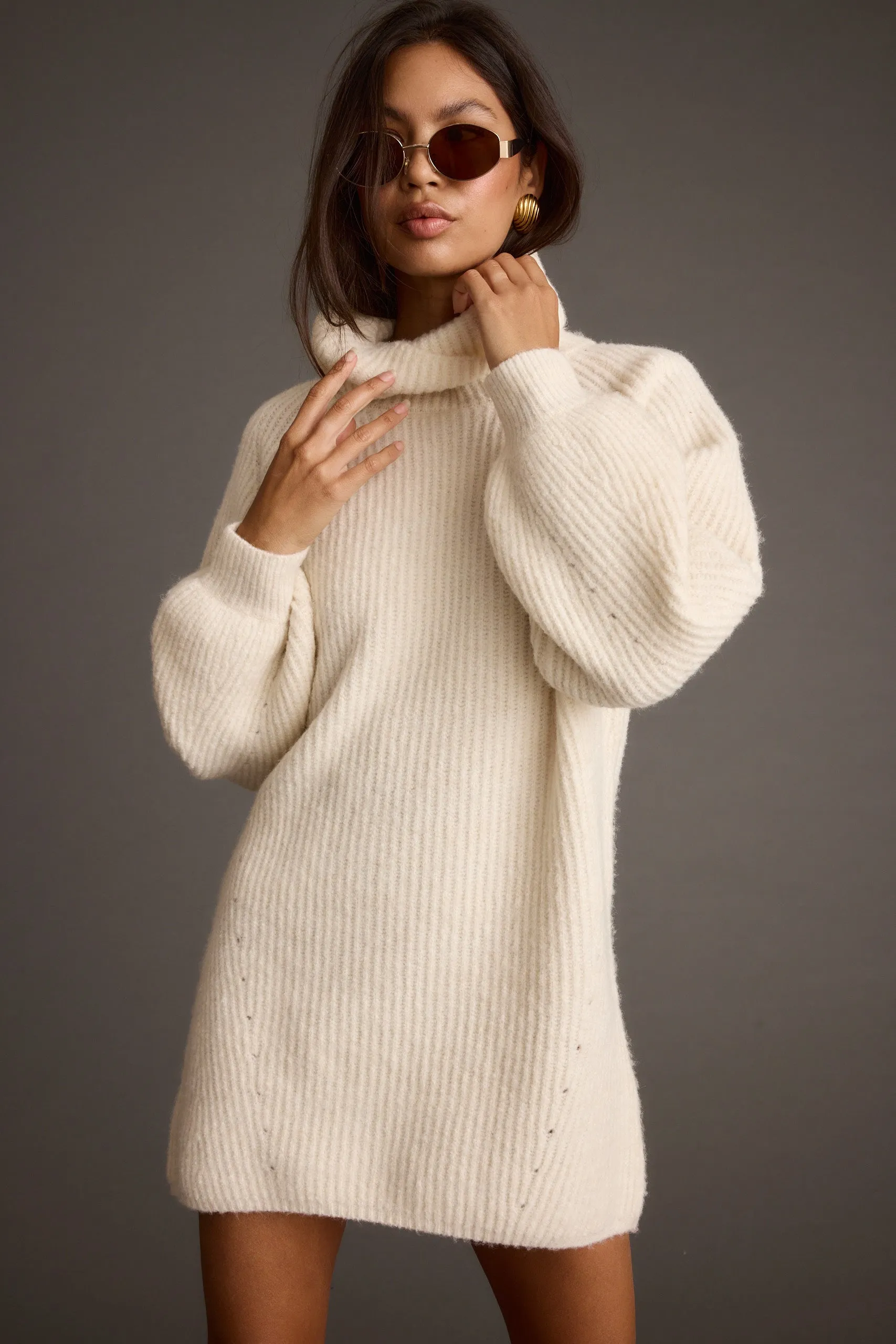 Lounge Vibes Clean Finish Beau Cream Turtleneck Sweater Mini Dress