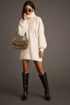 Stylish Design Beau Cream Turtleneck Sweater Mini Dress
