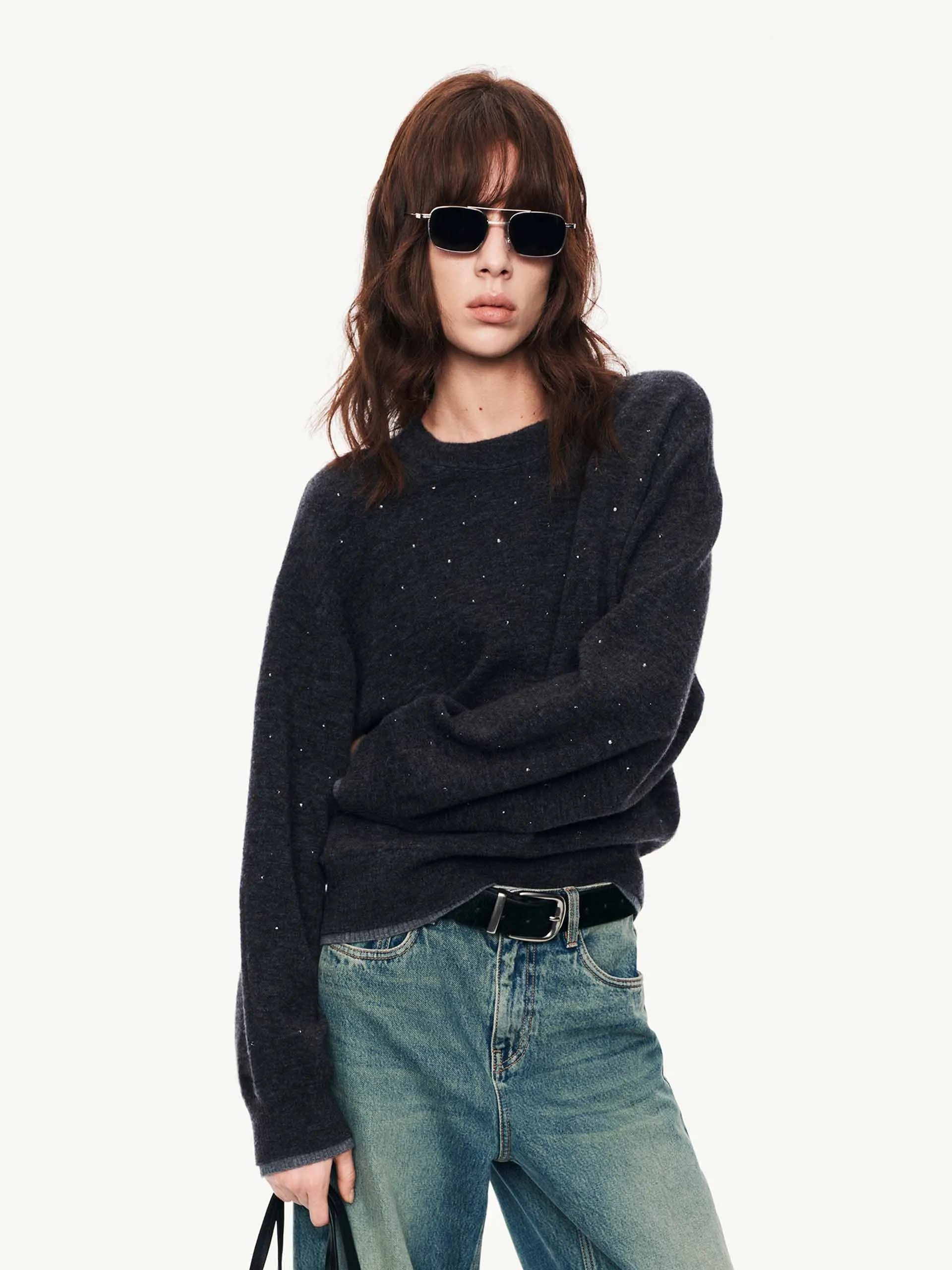 Rhinestone Wool Blend Sweater ZeroWaste Knitting Technique Classic Style