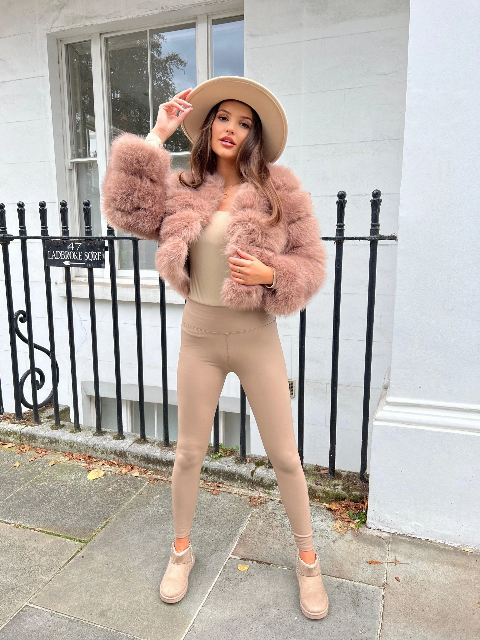Tagless Neckline Design Taupe Premium Faux Fur Jacket