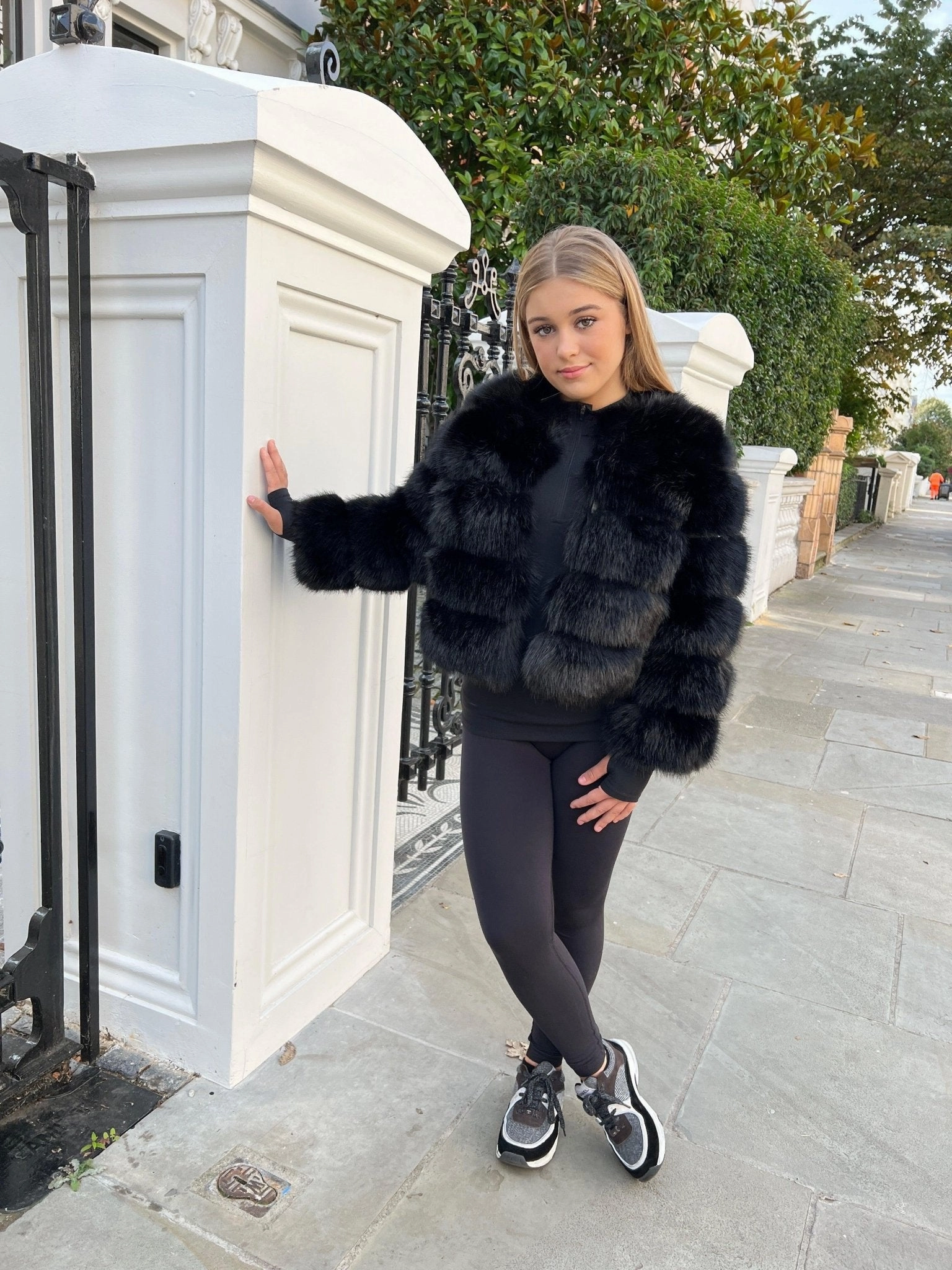 City Layer Style Adjustable Hood System Black Childrens Faux Fur Coat