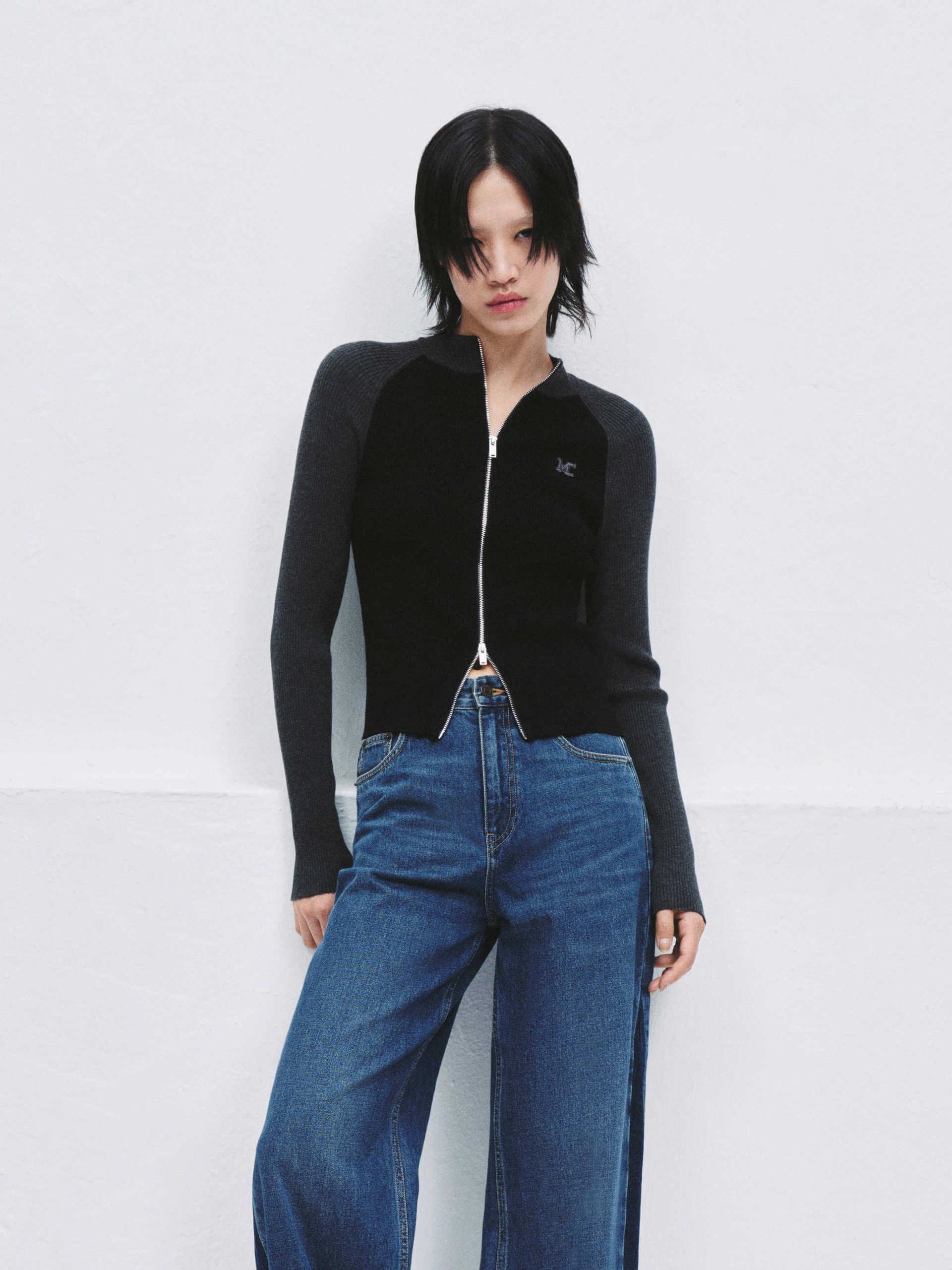 Lattice Ventilation Weave Two Tone Knit Cardigan