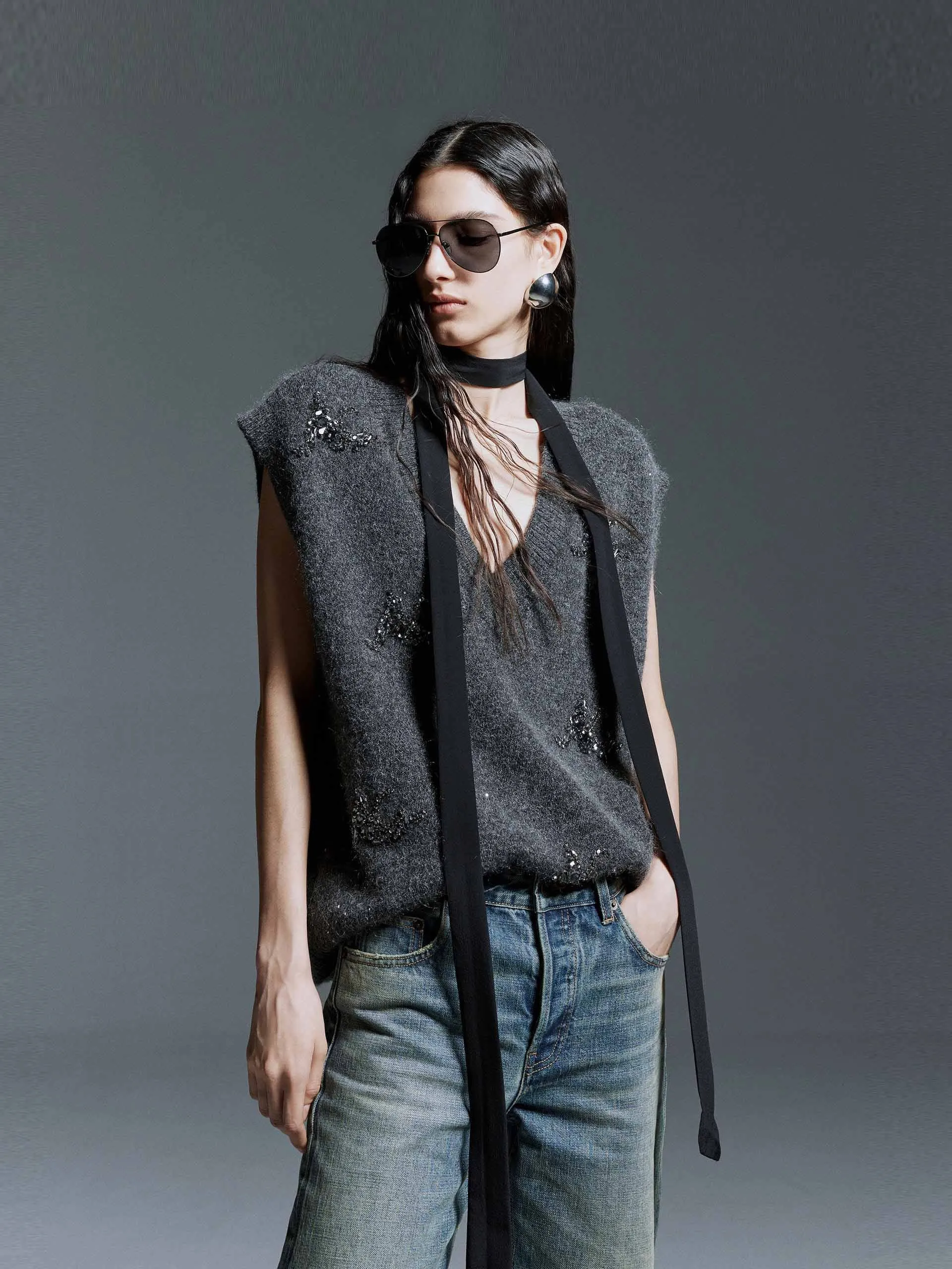 Crystal Decoration Knit Vest Casual Layering