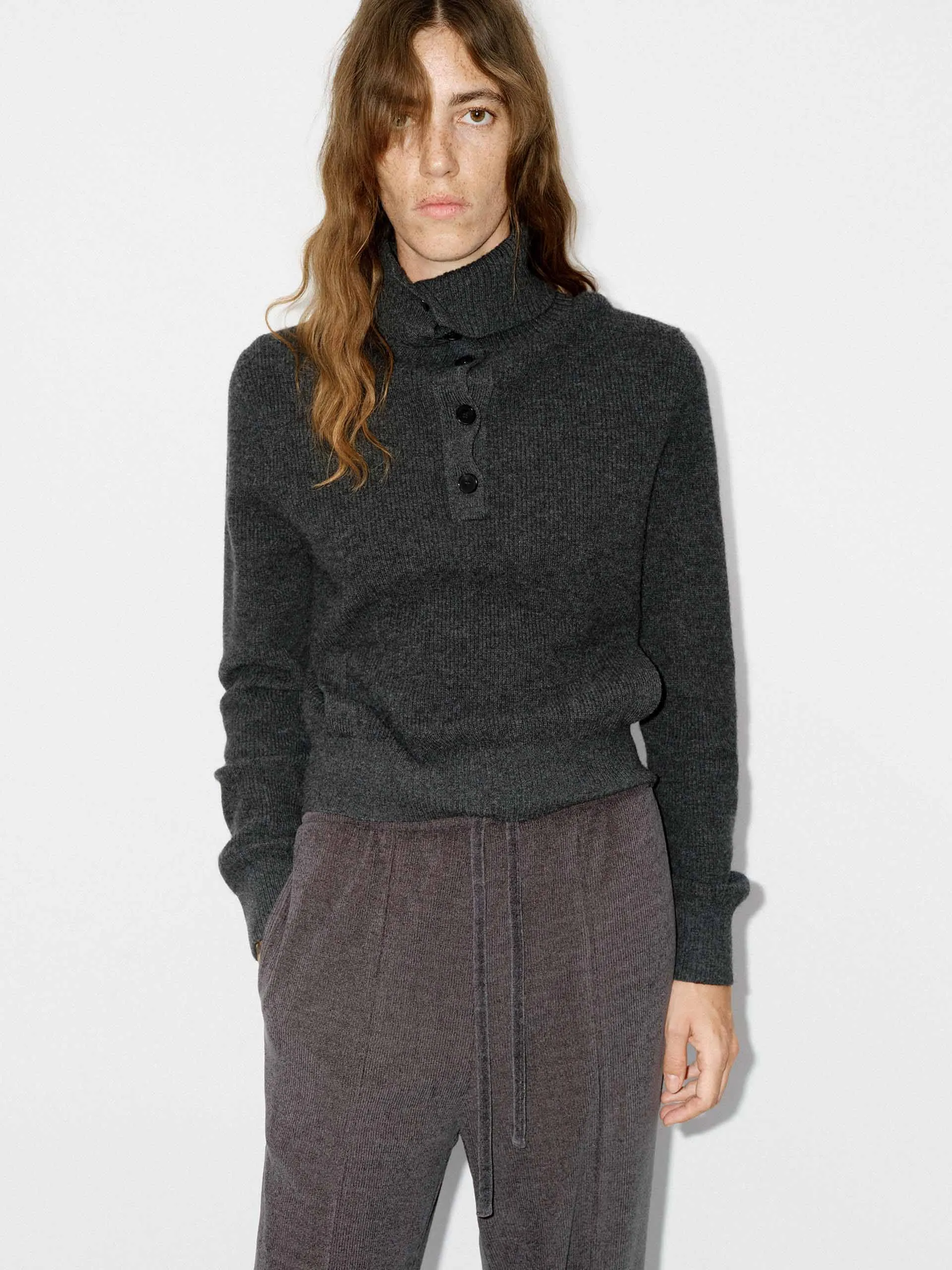 Half Button Wool Knit Top Cable Stitch