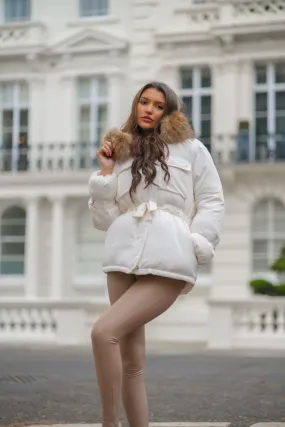 Cream Drawstring Luxury Fur Padded Belted Coat ReinforcedSeams