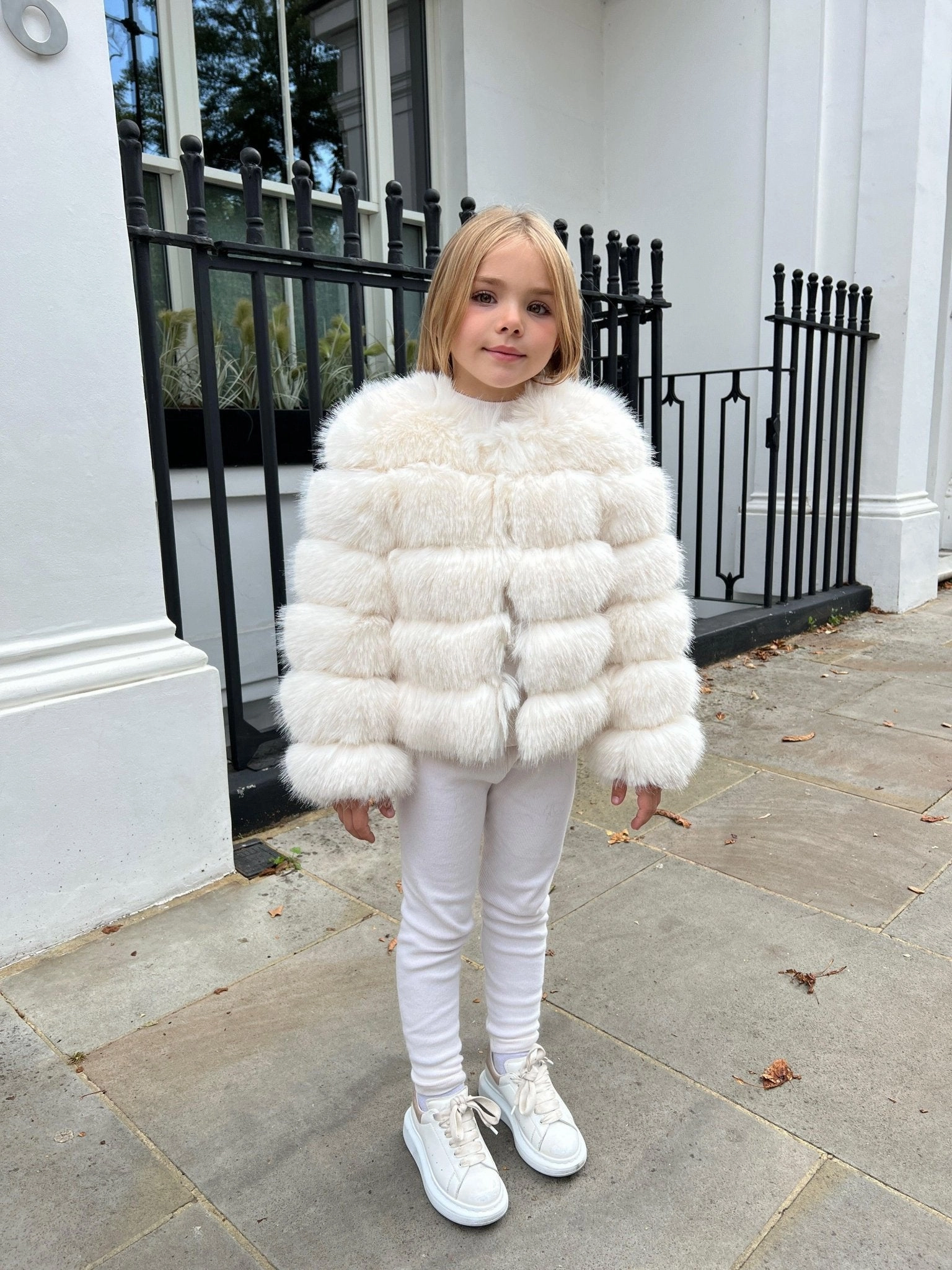 Cream Childrens Faux Fur Coat Bonded Closure Mechanism