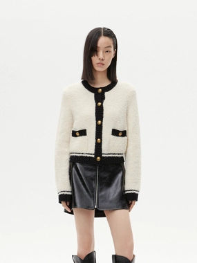Off Duty Look Layered Texture Cropped Boucle Knit Cardigan