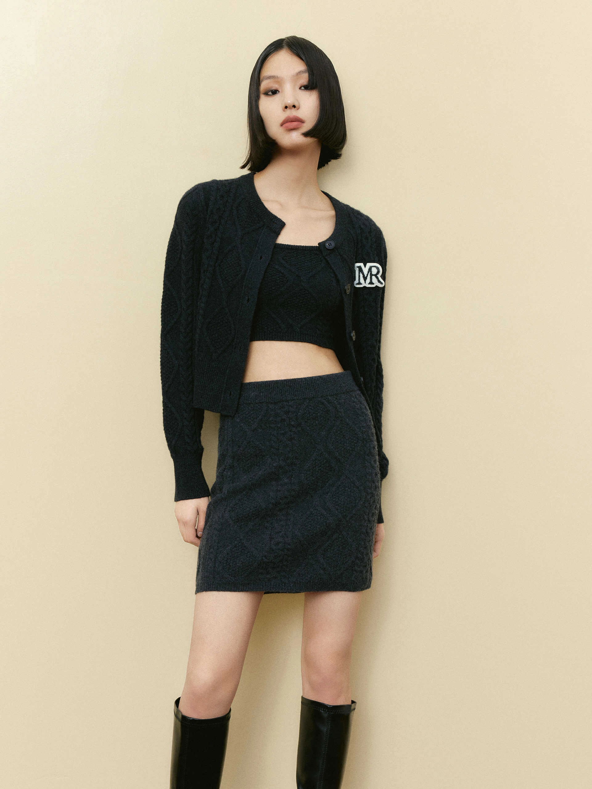 Eco Certified Fibers Cropped Cable Knit Cardigan Set