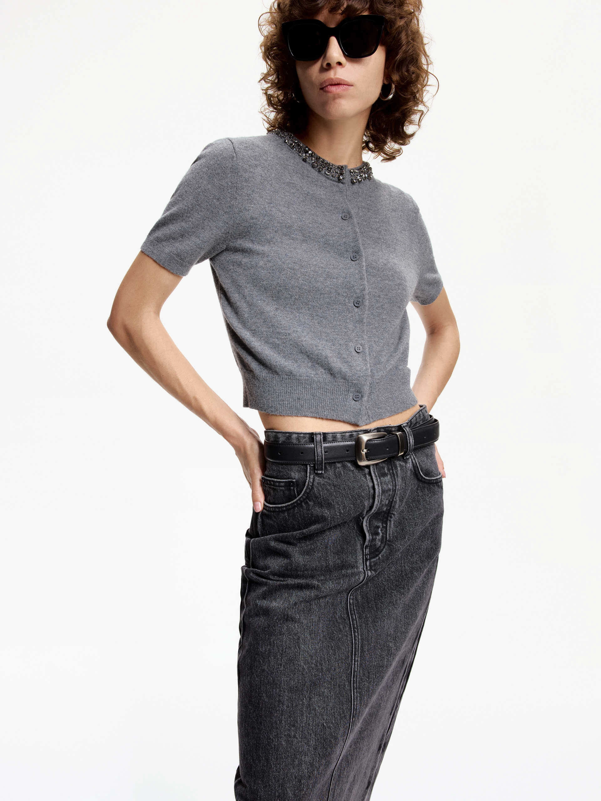 Quick Dry Knitwear Ribbed Edging Crystal Detail Knit Cardigan
