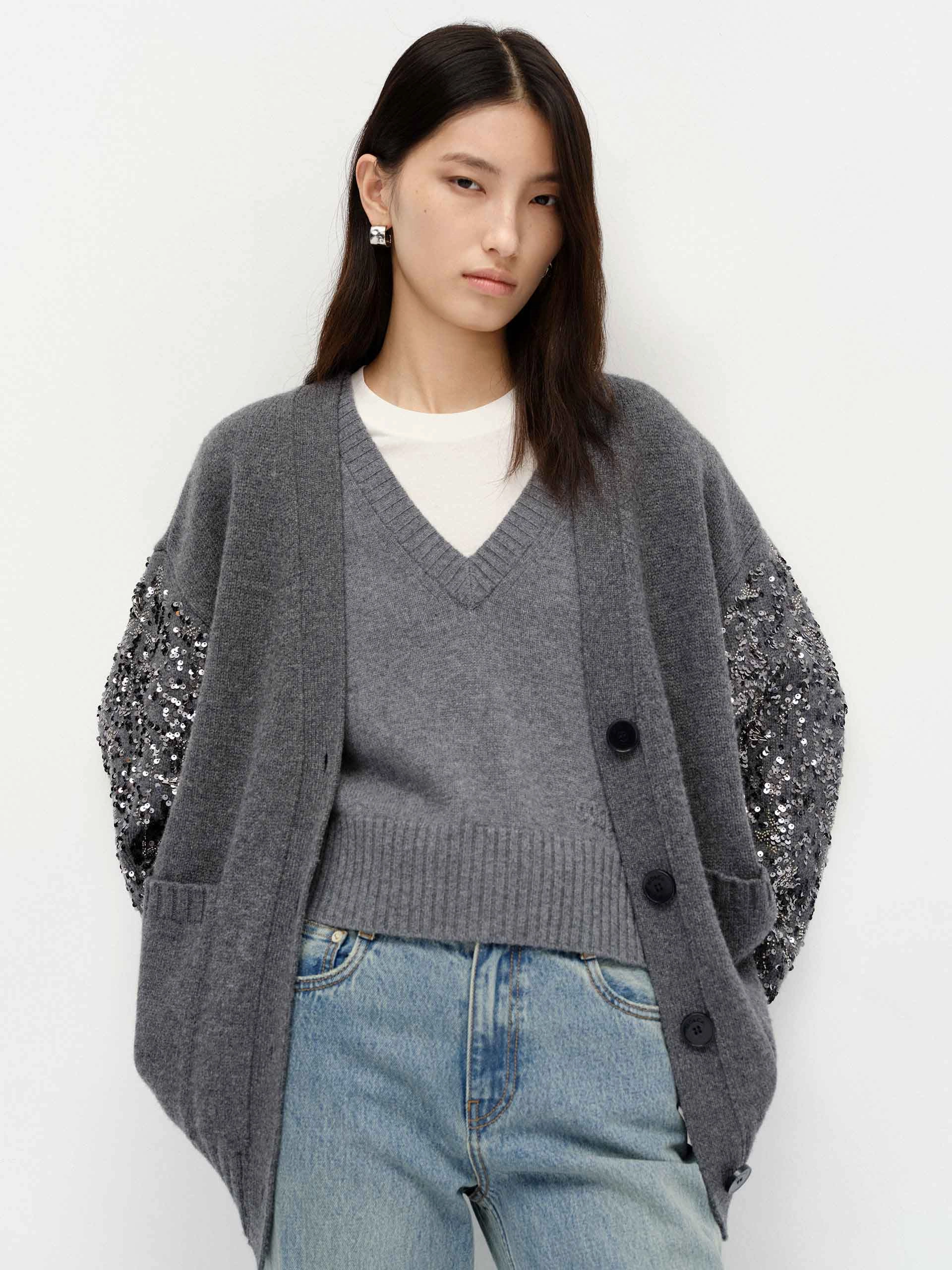 Ventilated Armhole Design Crystal Detail Wool Cardigan