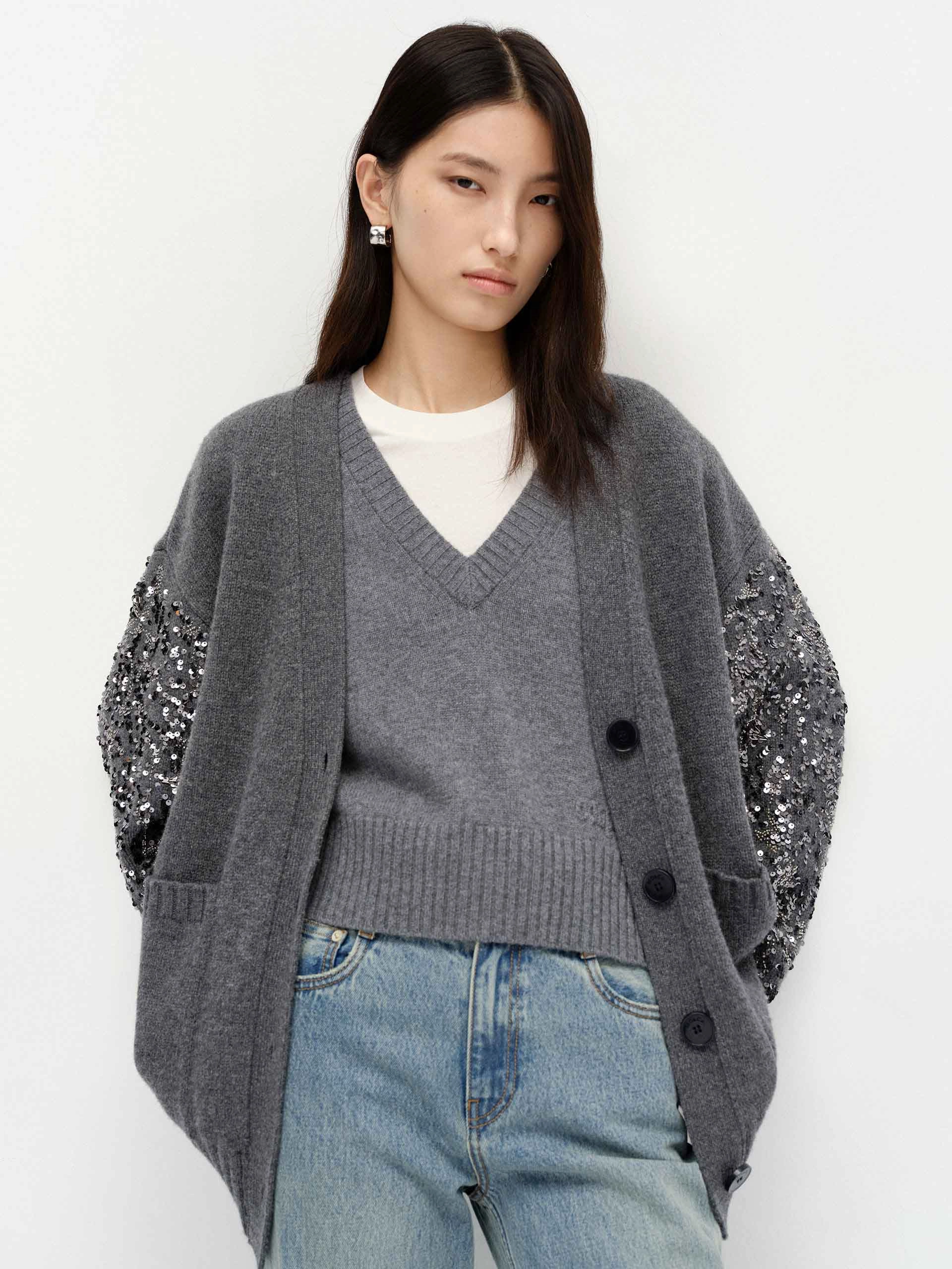 Crystal Detail Wool Cardigan NonRestrictive Fit