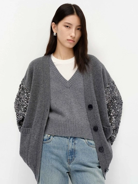 Ventilated Armhole Design Crystal Detail Wool Cardigan