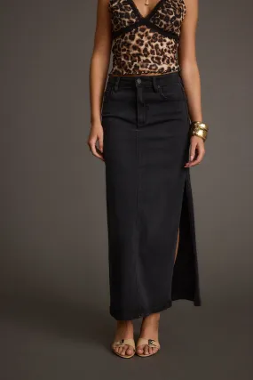 Wilder Black Stretch Denim Maxi Skirt Slip Resistant Waistband Mid Length