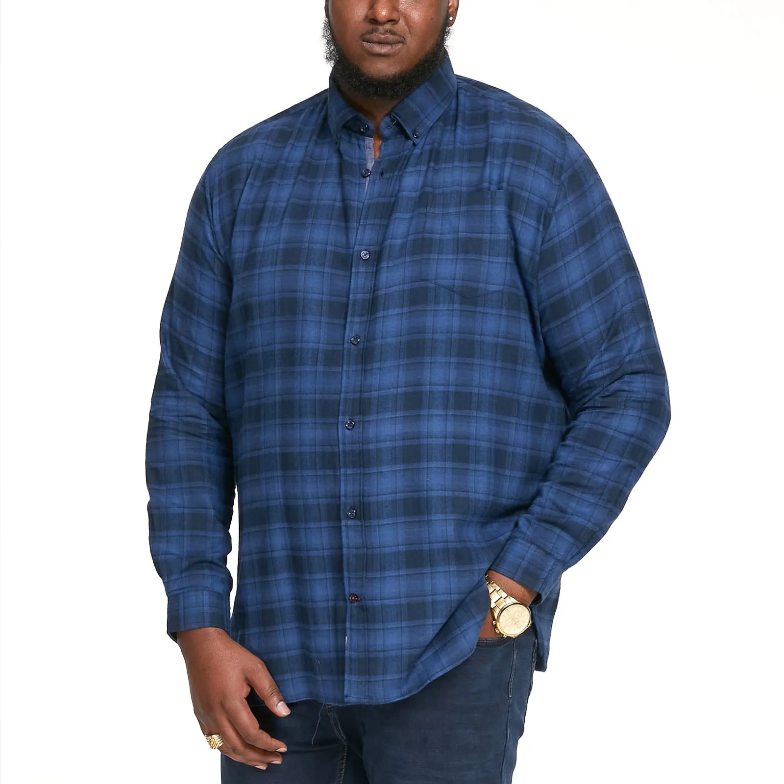 D555 Mens Bruce Big & Tall Long Sleeve Flannel Check Denim Shirt - Blue Adjustable Hem Stylish Element