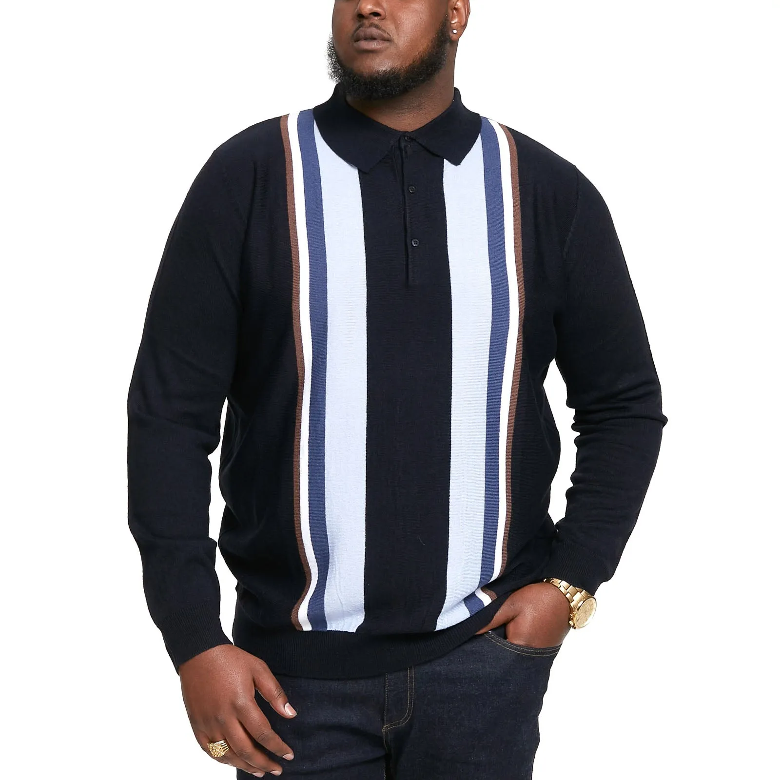 D555 Mens Darley Big Tall Long Sleeve Knitted Polo Shirt - Navy Active Wear
