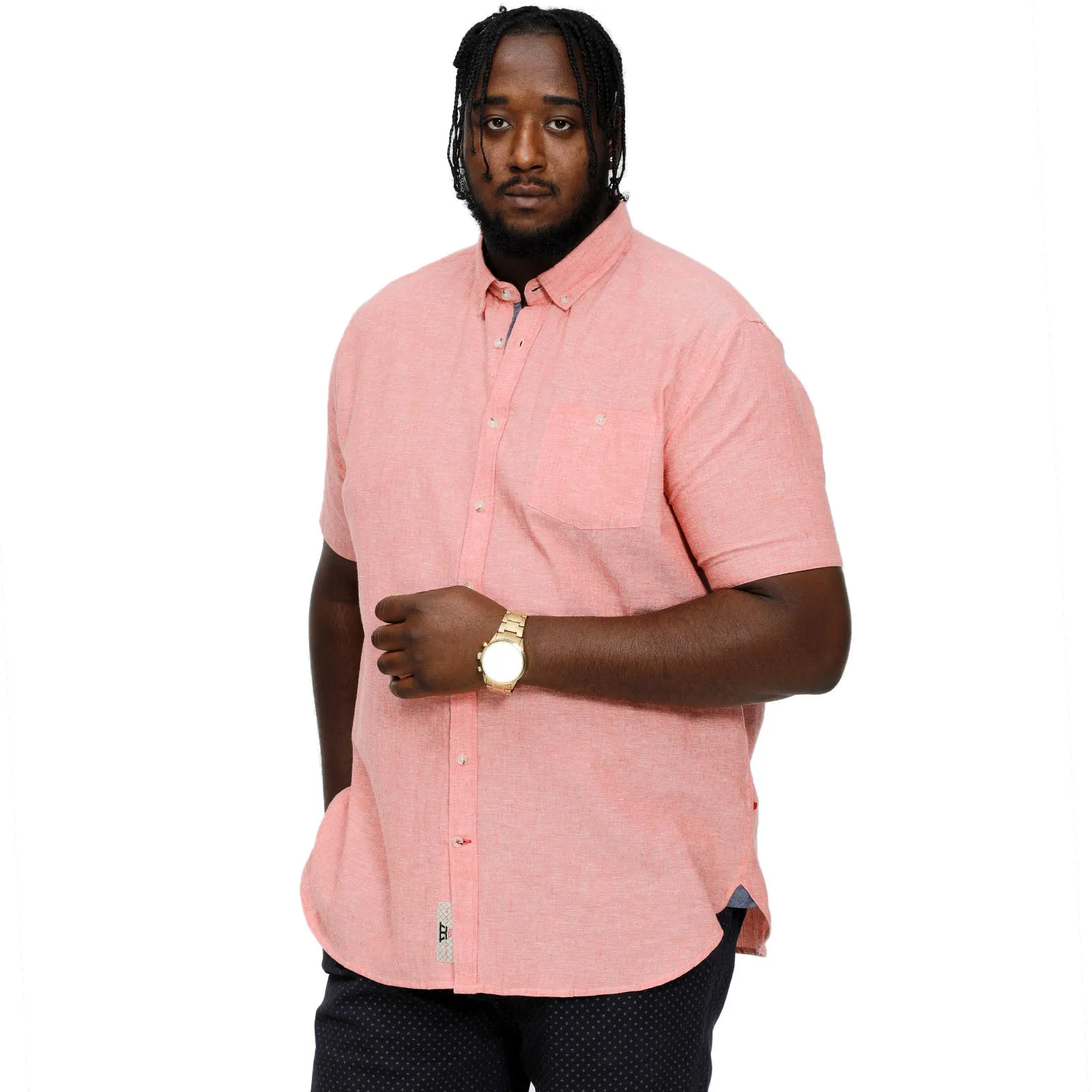 Slim Silhouette Anti Static Finish D555 Mens Hazelwood Big & Tall Linen Mix Woven Short Sleeve Shirt - Pink