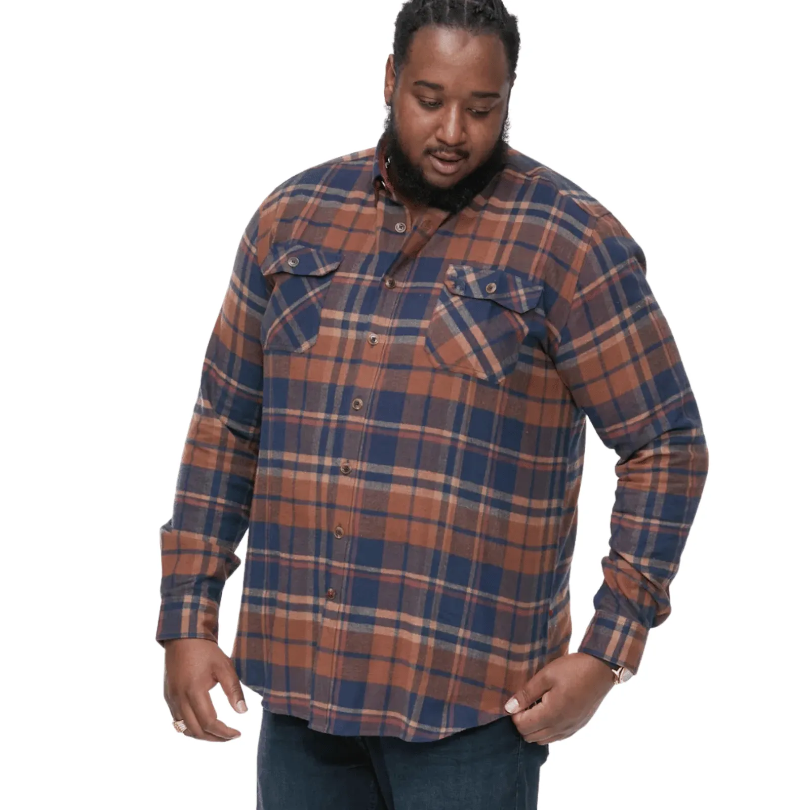 D555 Mens Sherlock Big & Tall Long Sleeve Check Two Patch Pocket Shirt Seamless Side Panels