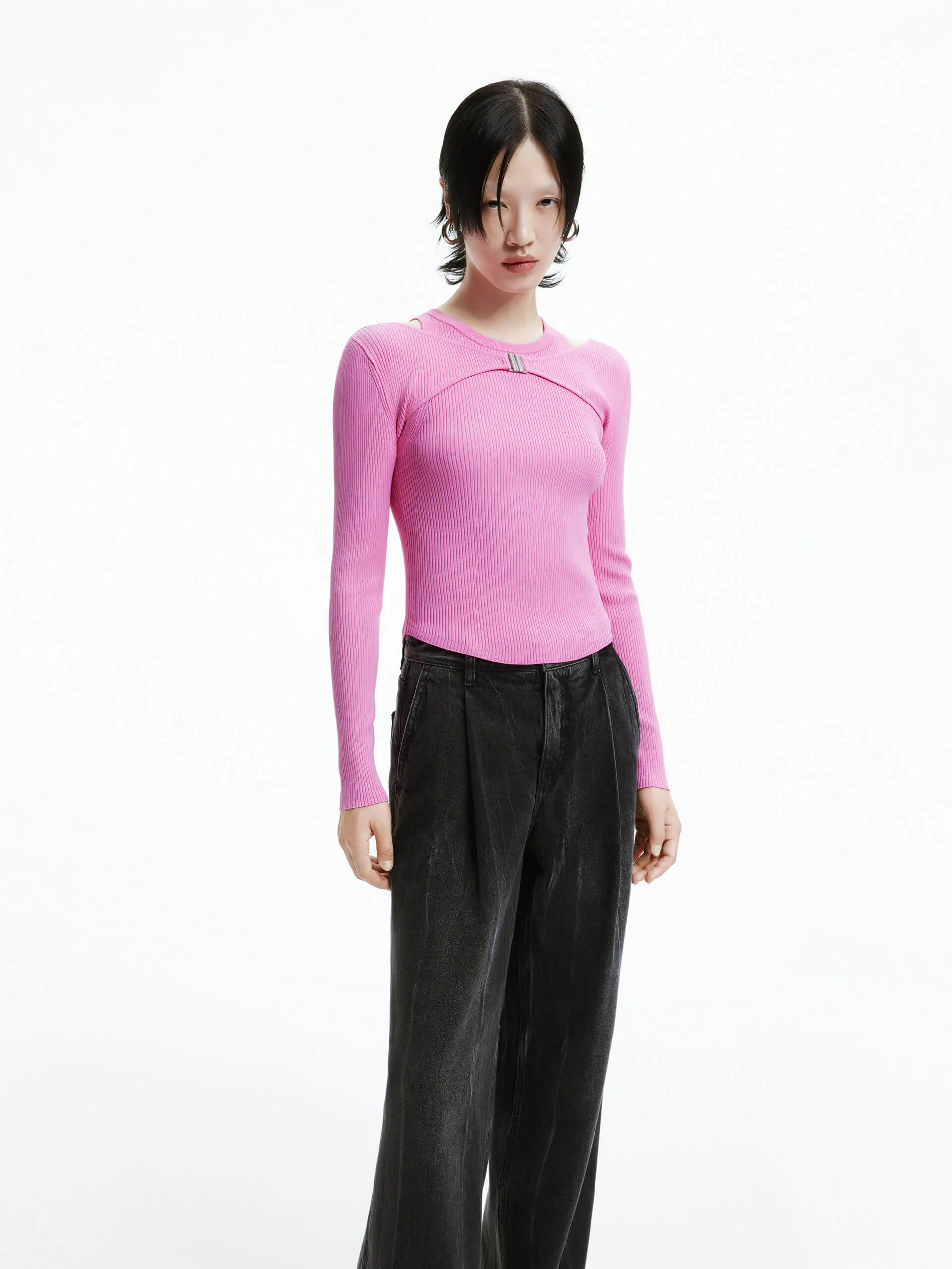 Layered Style Warm Knit Design Deconstruct Ribbed Knit Top