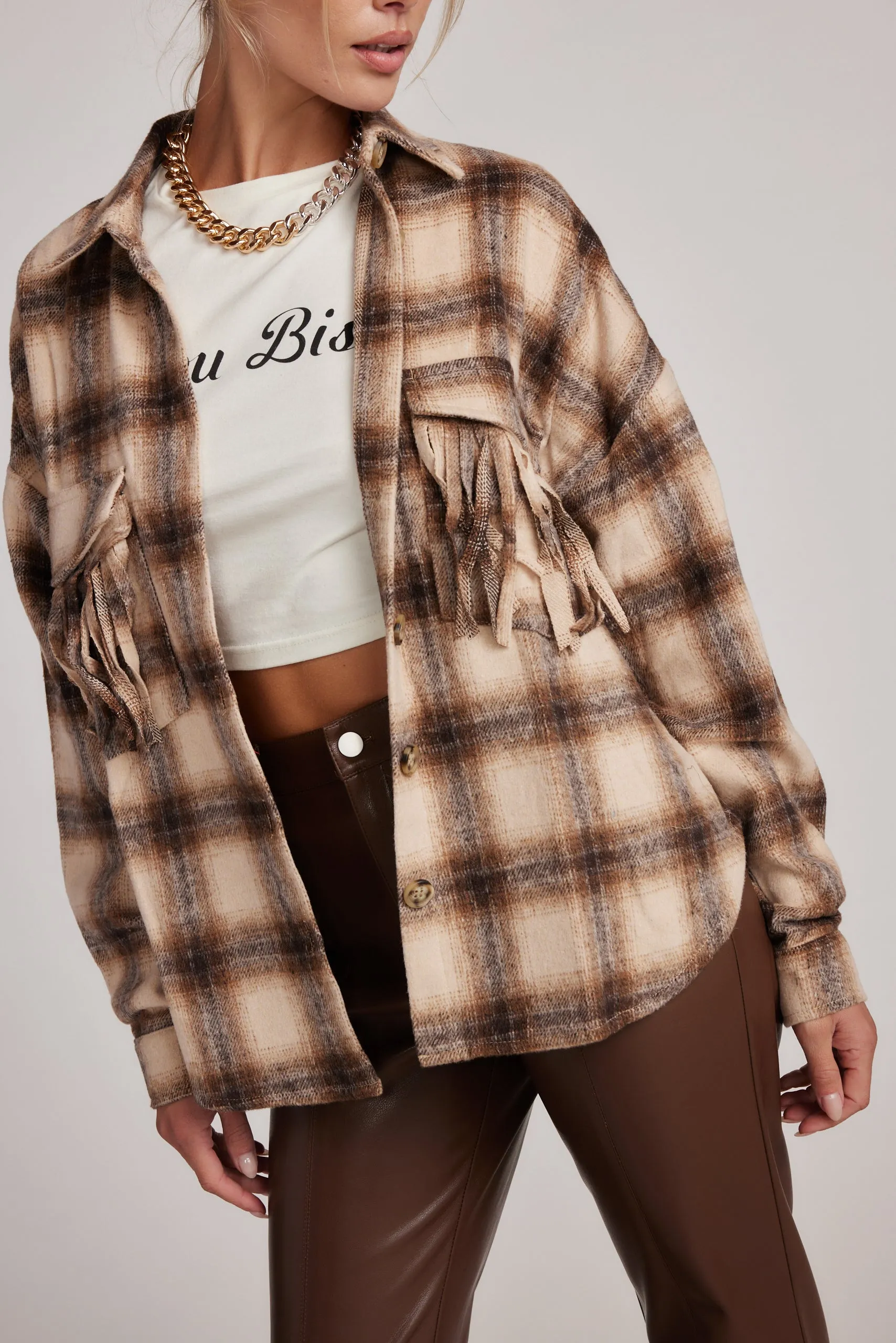 Light Reflectivity Trim Durable Fabric Devin Brown Fringe Shacket
