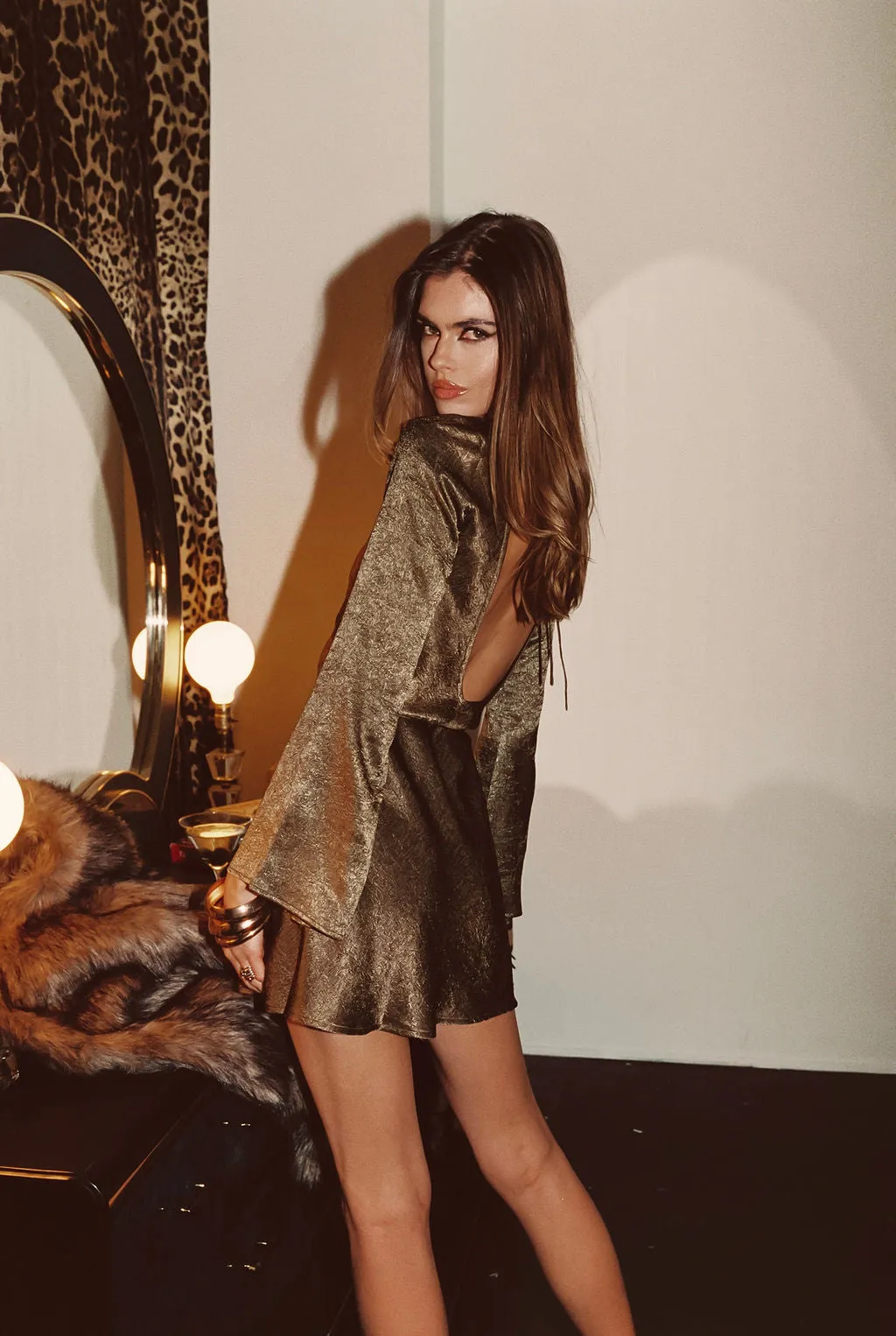 Classic Cut Smart and Elegant Meadow Dusty Gold Satin Mini Dress