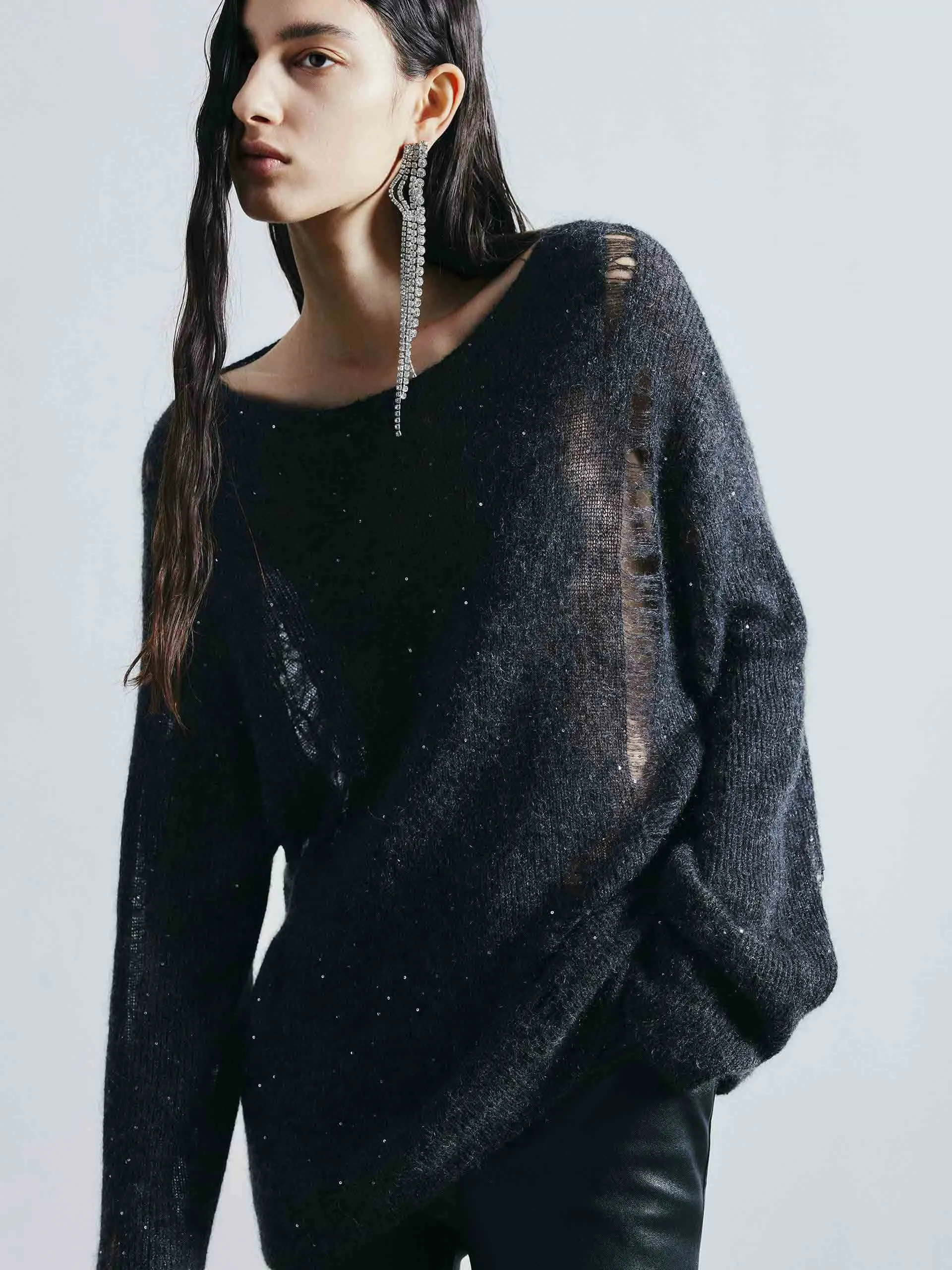 Distressed Detail Loose Sweater Cold Day AntiPilling Treatment