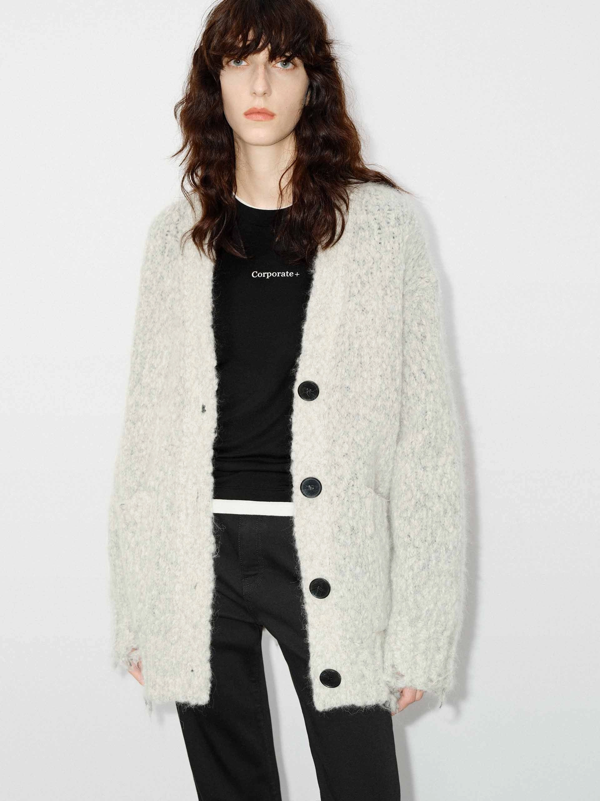 MoistureWicking Distressed Detail Fluffy Cardigan