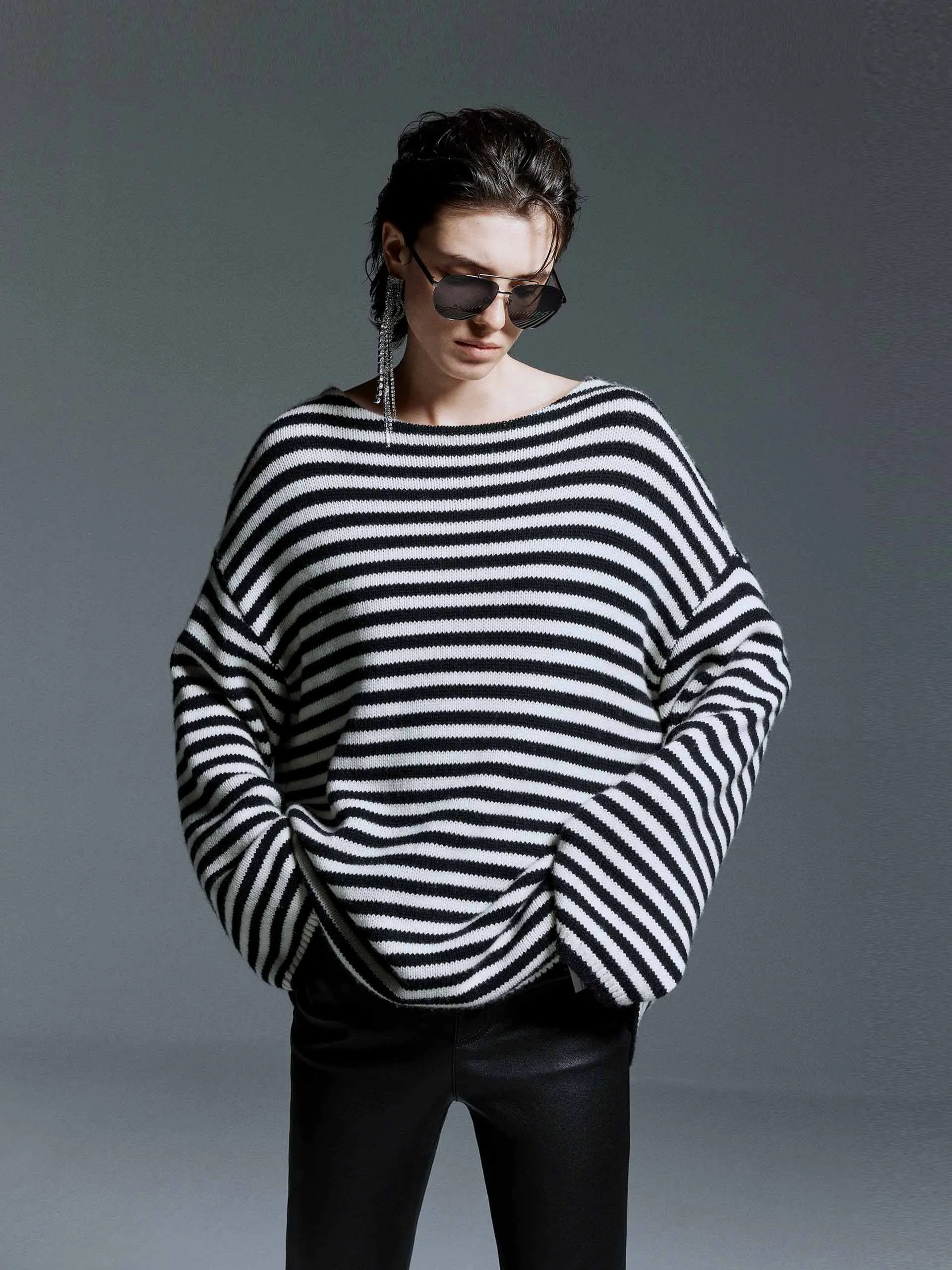 Classic Knitwear Double Layered Collar Drop Shoulder Striped Sweater