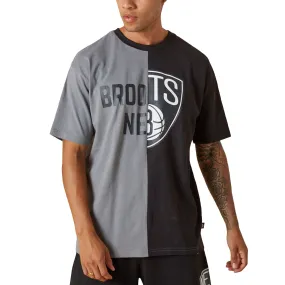 New Era Mens Brooklyn Nets NBA Split Graphic T-Shirt - Black Adjustable Hemline